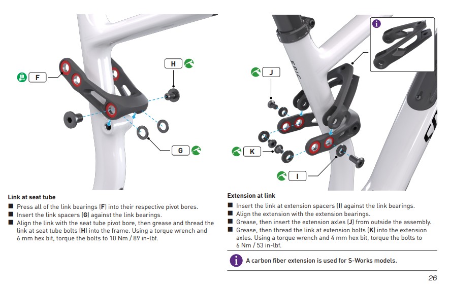 Link and shock extension assembly diagram from the Epic 8 manual
