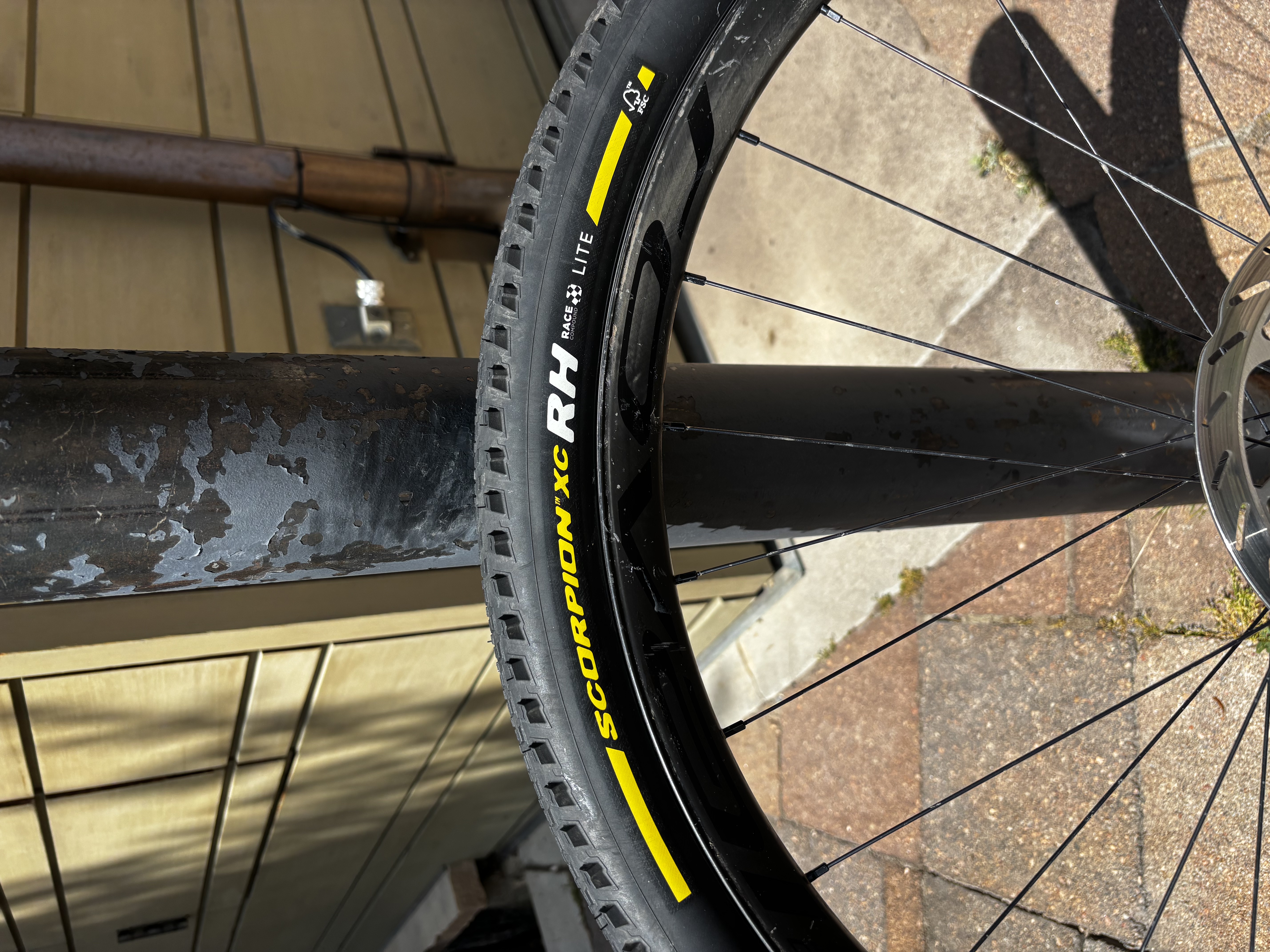 Close-up of the Pirelli Scorpion XC RH Lite sidewall off the bike
