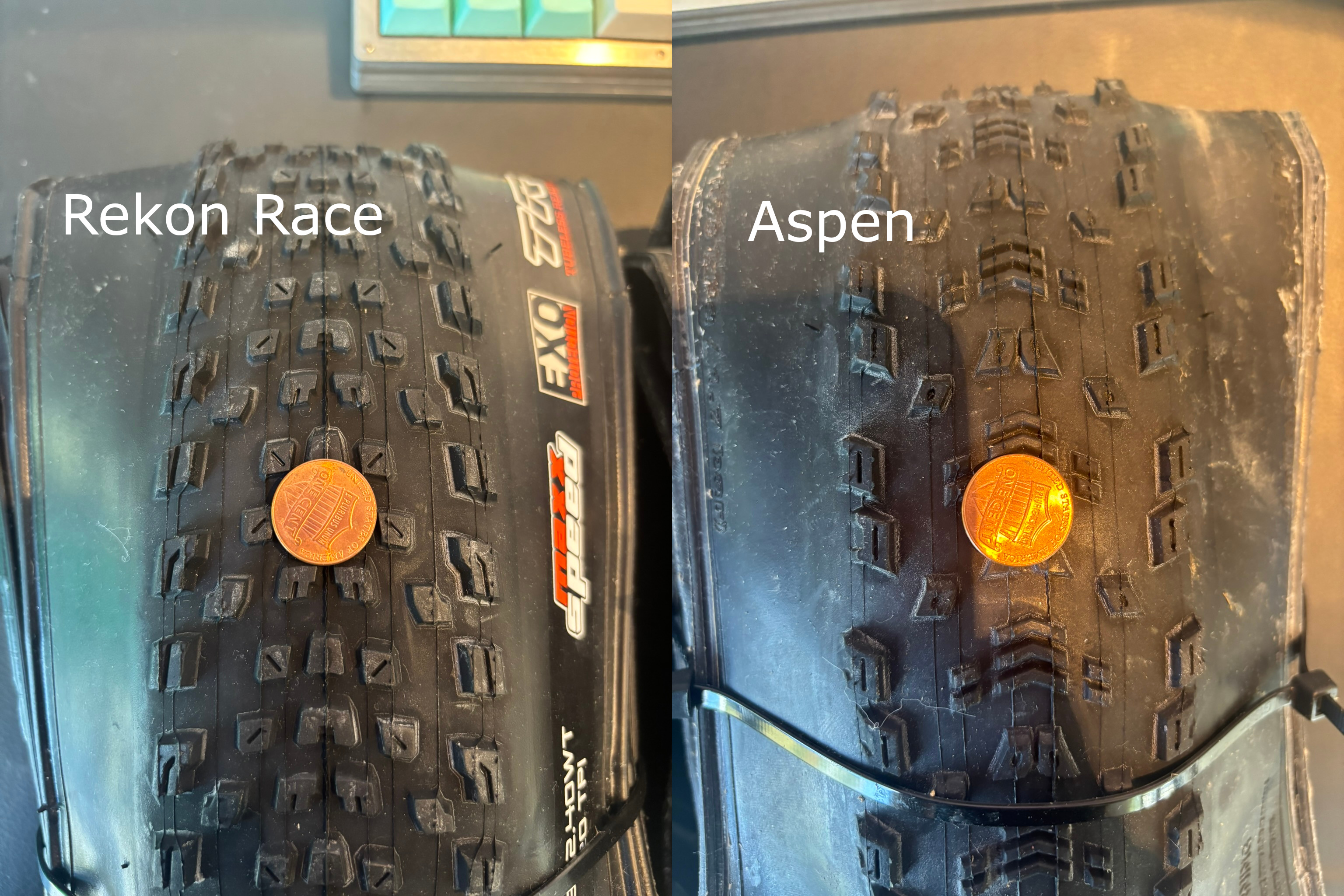 Rekon Race and Aspen tread comparison with penny for scale.