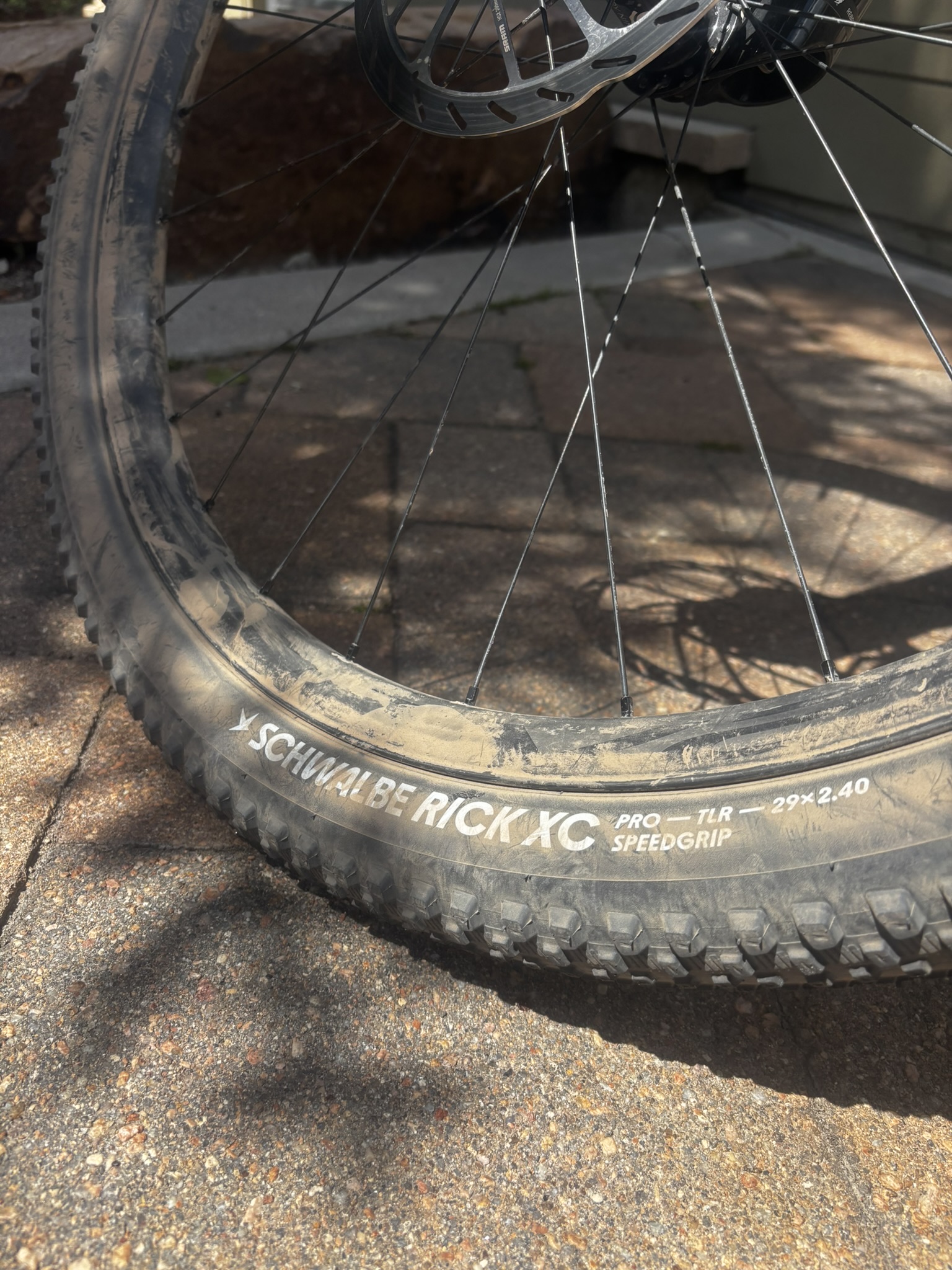 Dust-covered Schwalbe Rick XC Pro SpeedGrip tire after a dry Colorado ride