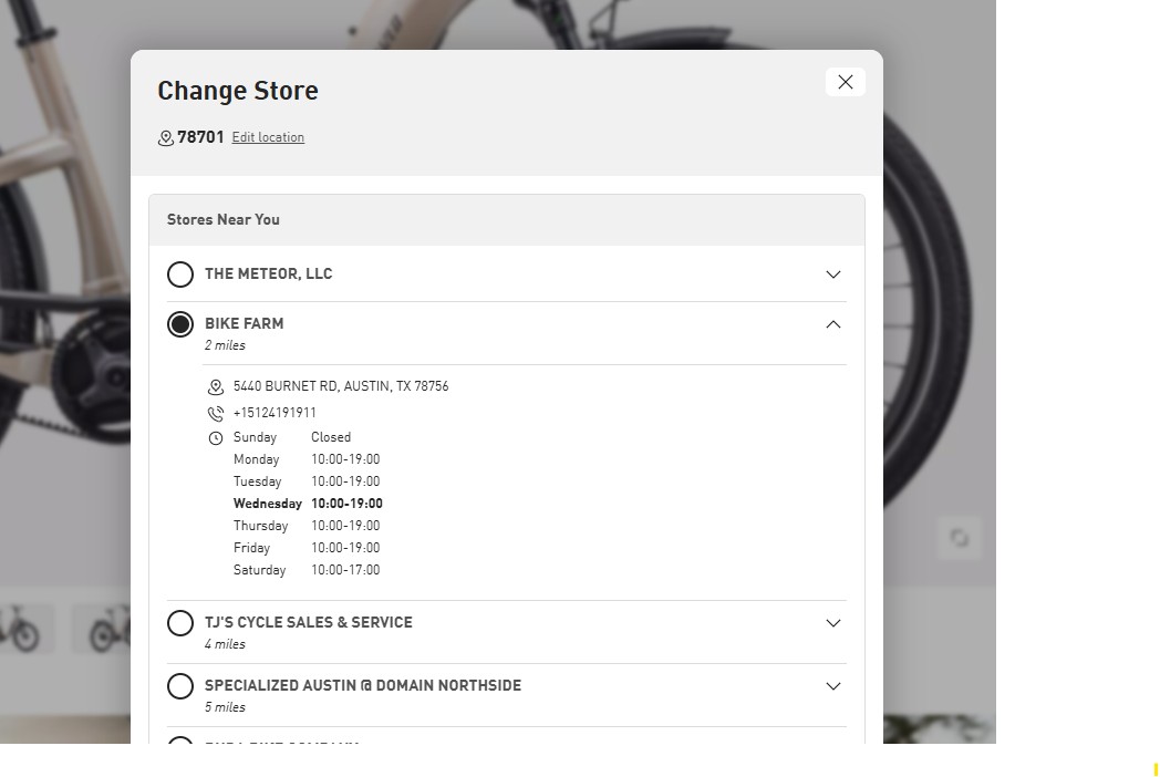 Specialized dealer selection screenshot