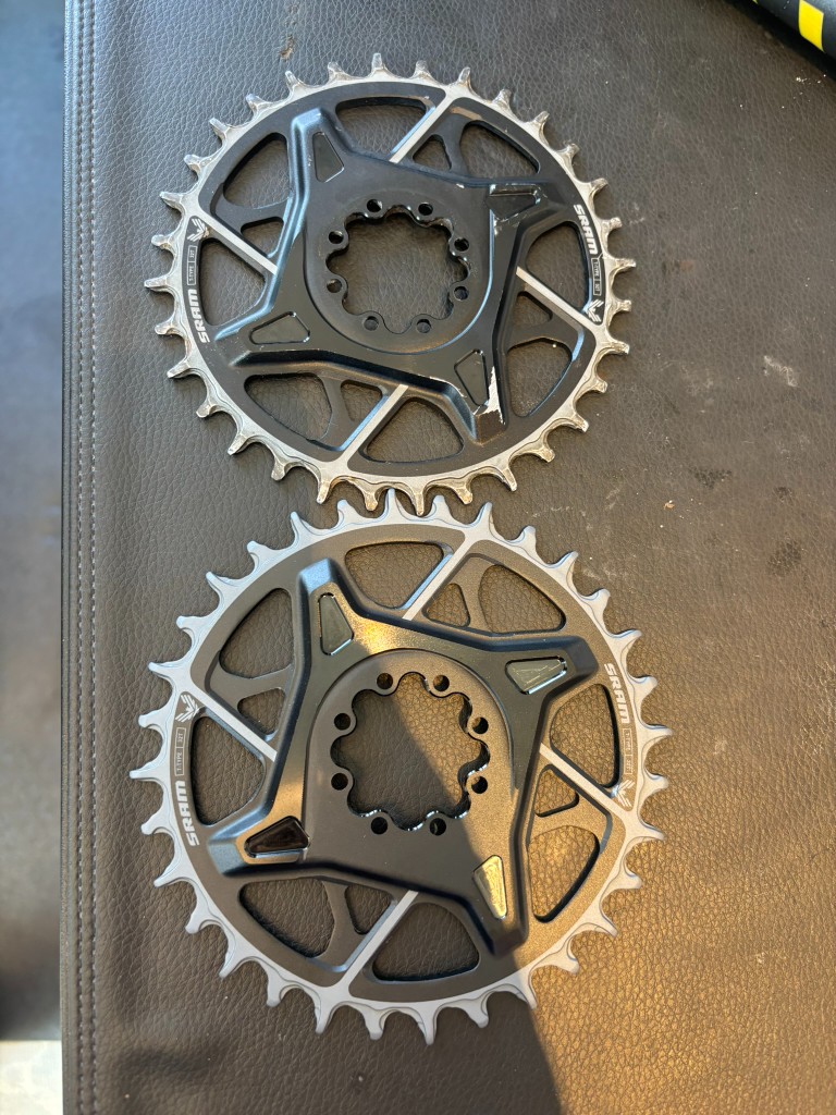 Worn SRAM T-Type chainring compared to a new replacement